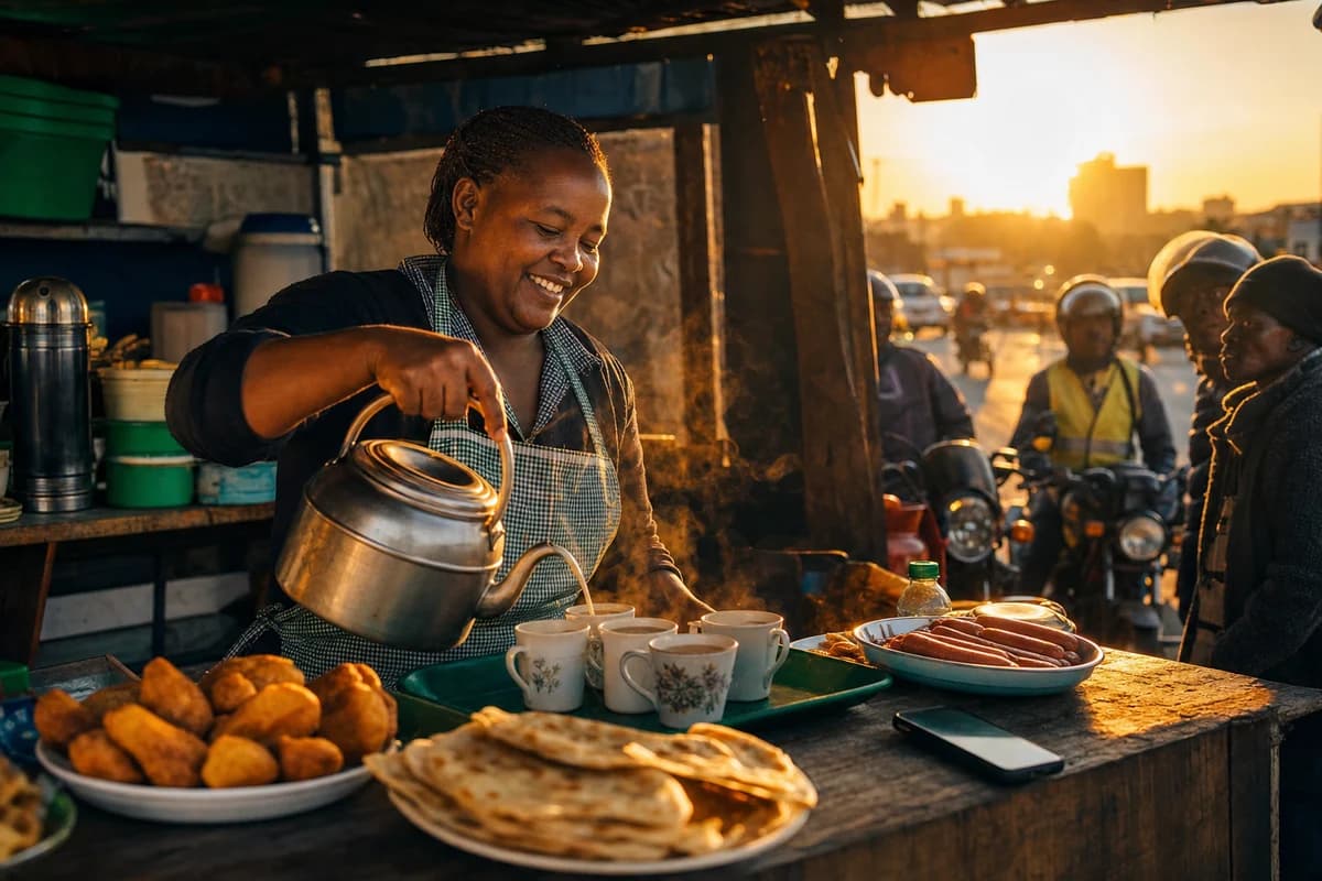 Mama Akinyi pouring tea at her sunrise chai kiosk in Nairobi with mandazi and chapati on display