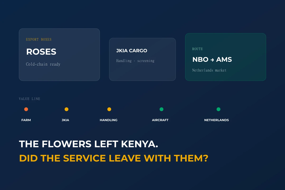 Kenyan export flower boxes at a cold-chain cargo scene with a luminous value line travelling from JKIA toward the Netherlands