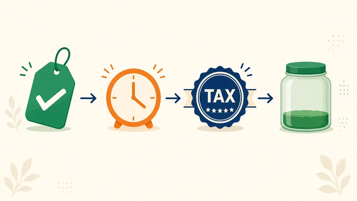 Editorial illustration connecting a profit tag, receivables clock, tax stamp and cash reservoir for a Kenyan MSME.