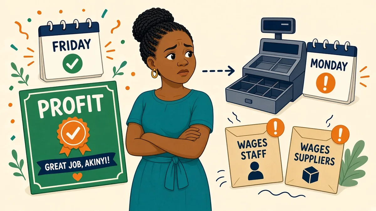Editorial caricature of a Kenyan owner celebrating a Friday profit certificate while facing an empty till and unpaid wages on Monday.