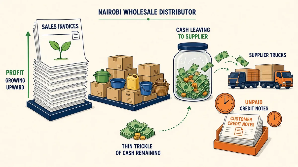 Editorial caricature of growing sales invoices beside cash leaving for suppliers while unpaid customer credit notes wait with clocks.