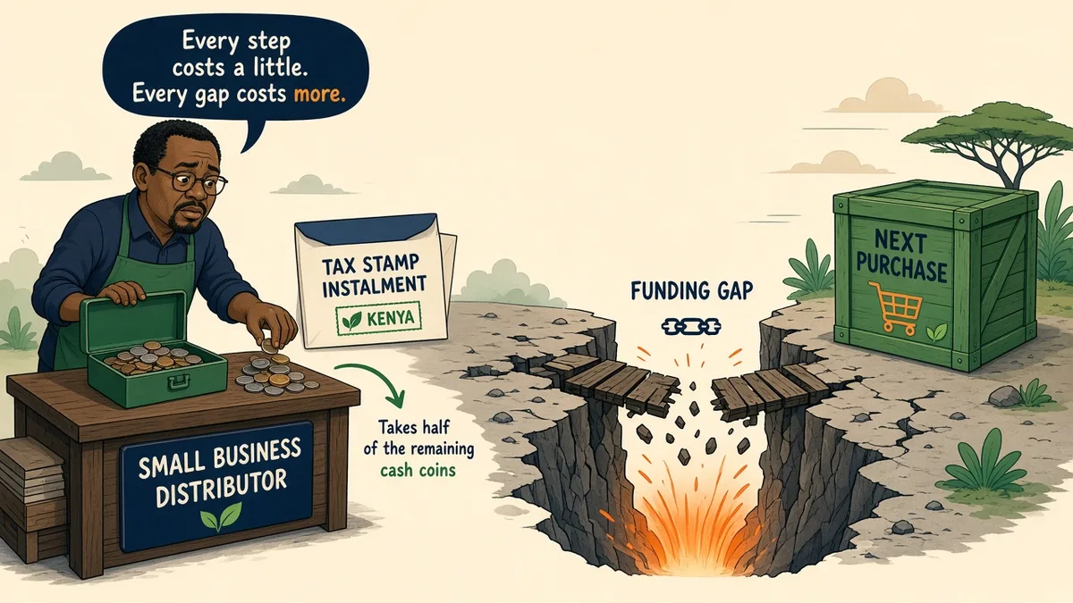 Editorial caricature of a tax instalment envelope taking remaining cash while a next stock purchase sits beyond a broken funding bridge.