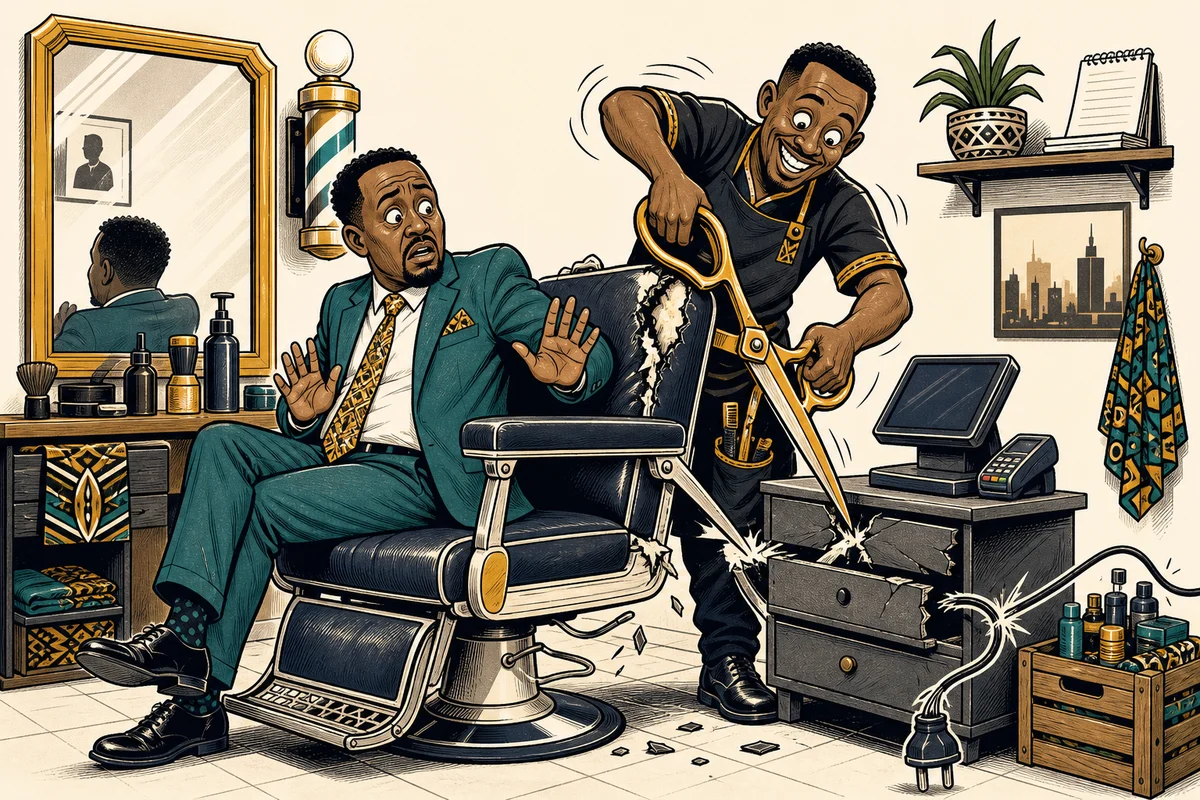 Editorial caricature of a cost-cutter barber shaving past waste and preparing to cut the chair, till and electrical cable.