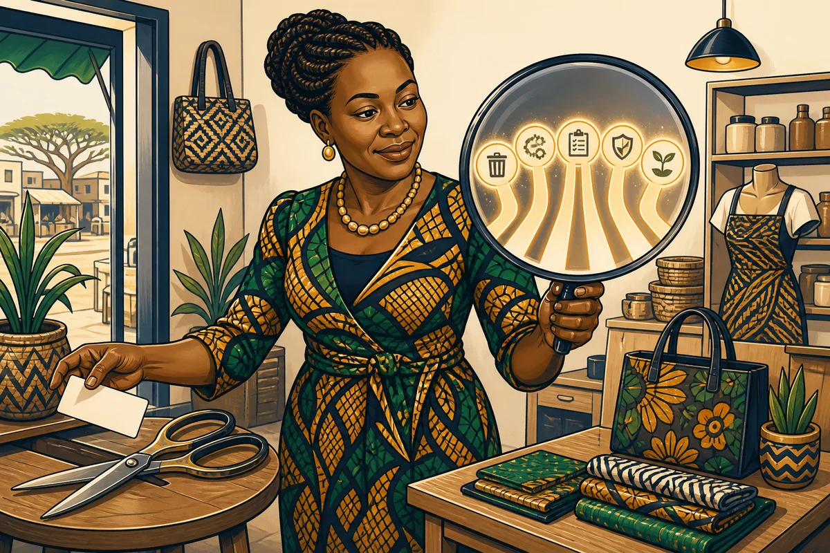 Editorial caricature of a Kenyan business owner setting down oversized scissors and examining expenses through a decision lens.