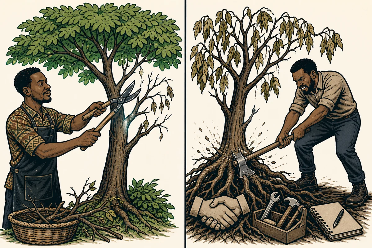 Split editorial caricature: careful pruning of dead branches versus cutting the roots that support growth.