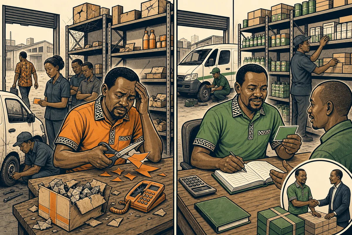 Split editorial caricature contrasting blanket cost cuts that weaken a warehouse with a financial-intelligence response that protects capability.
