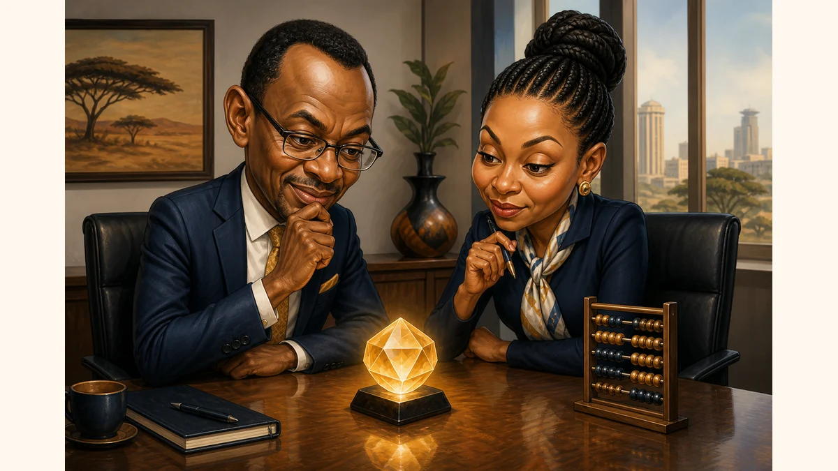 Caricature of executives valuing a glowing improved lending decision rather than a pile of raw data files.