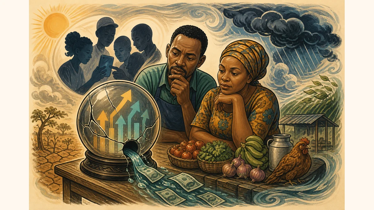 Caricature warning scene where high sales arrows mislead while cash drains, with shared-phone shadows and seasonal weather.