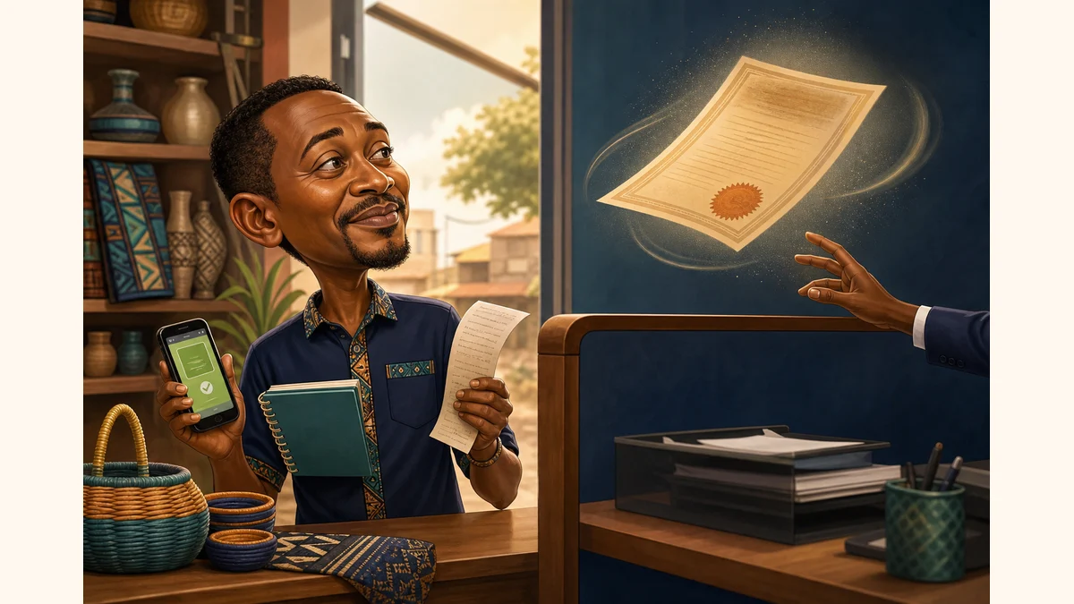 Caricature of a Kenyan merchant with phone, notebook and till evidence facing a distant title deed across a credit desk.