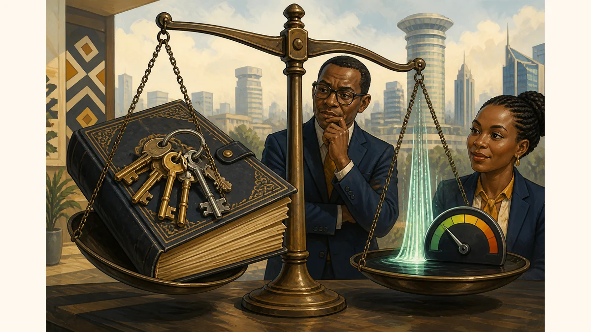 Caricature balance scale weighing a heavy title deed against glowing transaction-data filaments and recovery cost.