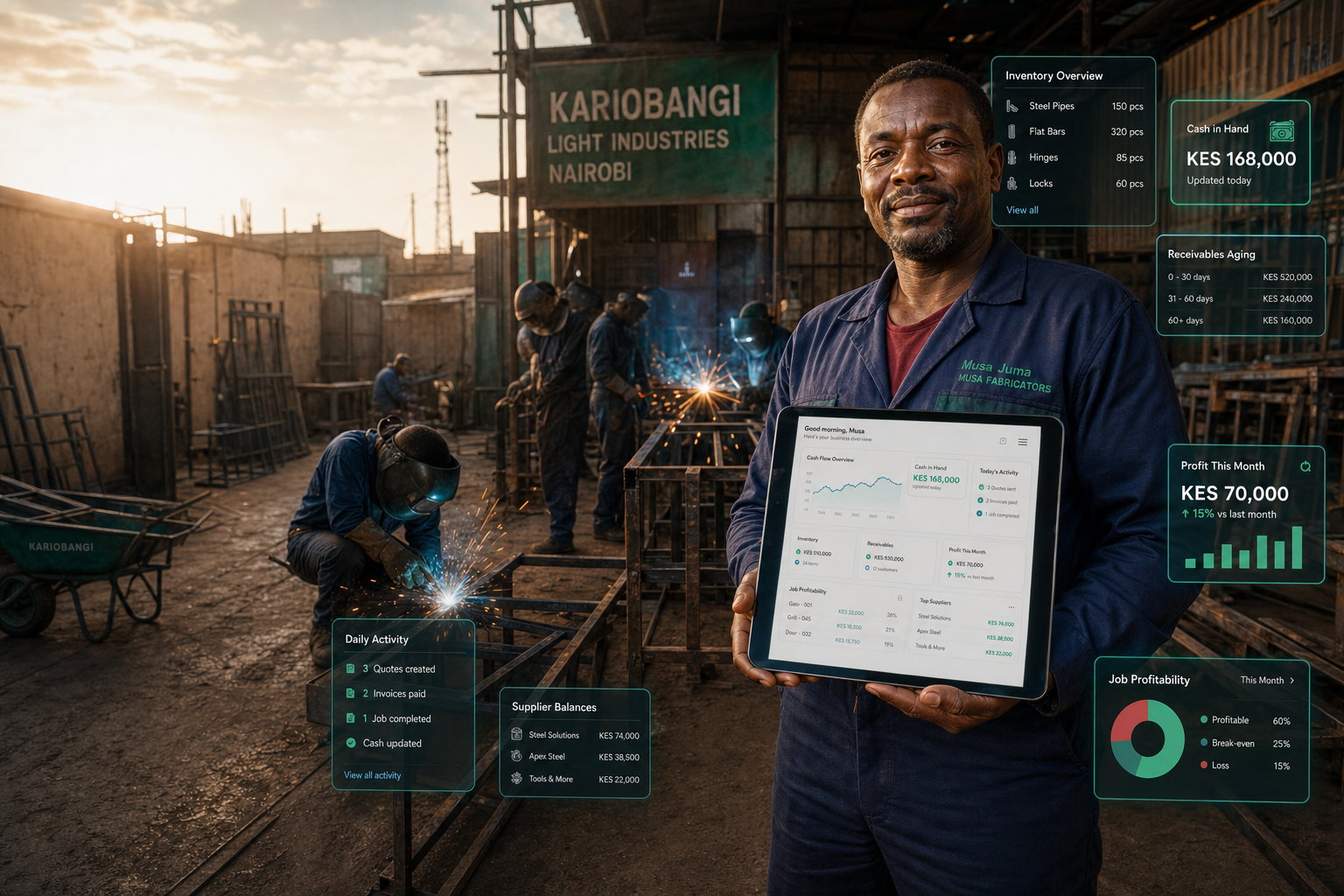 Musa Juma using ClariFi on a tablet in his Kariobangi fabrication workshop