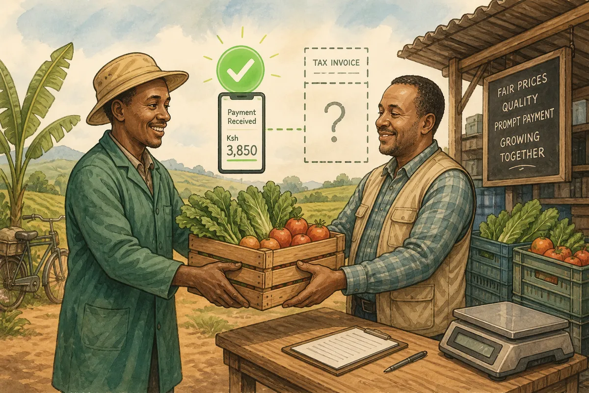 Illustrative caricature of farm-gate produce delivery with payment confirmed but no electronic invoice document.