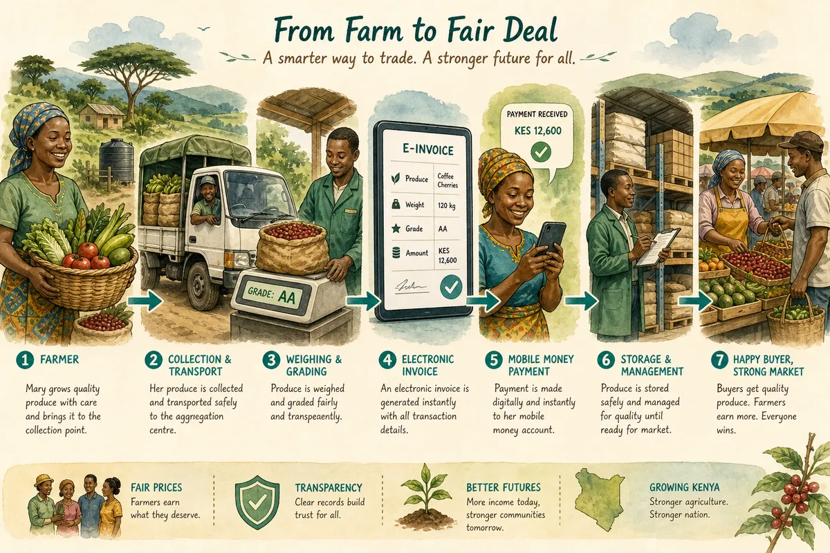 Illustrative caricature of an agricultural settlement rail from farmer delivery through weighing, invoice, payment, inventory and final buyer.