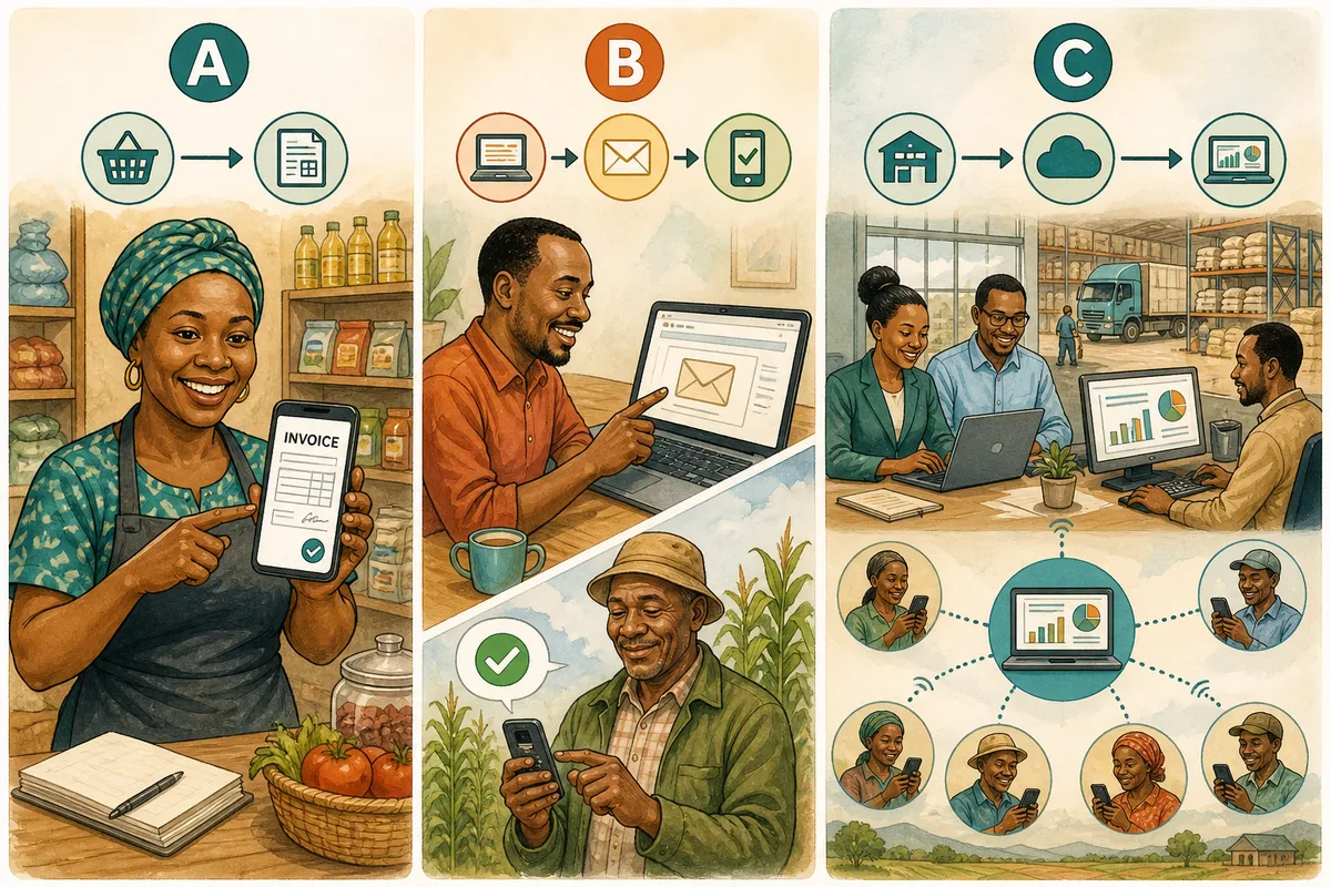 Illustrative caricature comparing seller-issued invoicing, Buyer-Initiated Invoicing and integrated Reverse Invoicing for agribusiness supply chains.