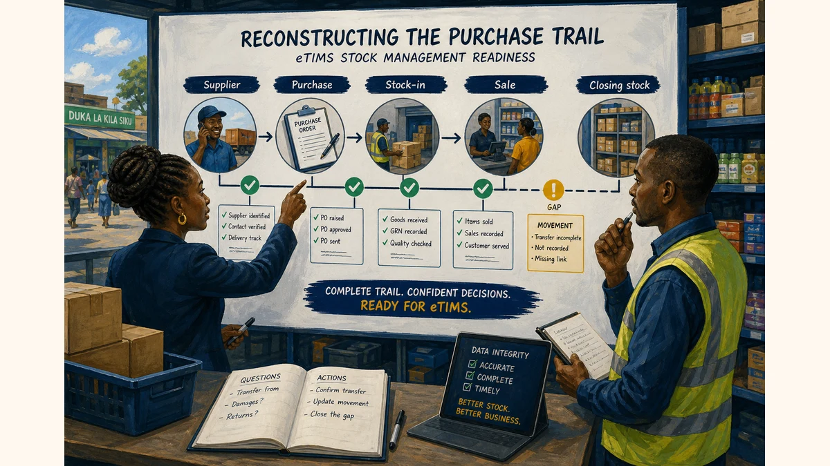 Editorial illustration of a purchase trail board linking supplier, purchase, stock-in, sale and closing stock with one amber gap on movement.