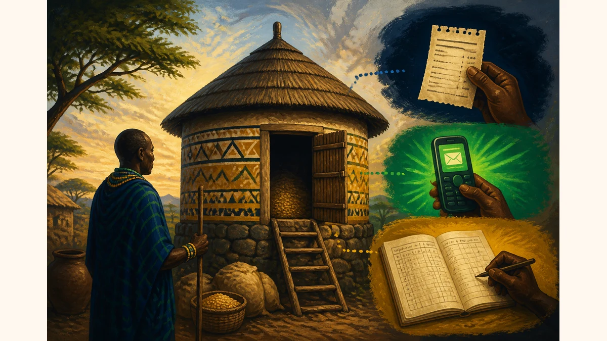 Editorial illustration of a traditional East African granary with receipt, mobile-money and ledger witness motifs.