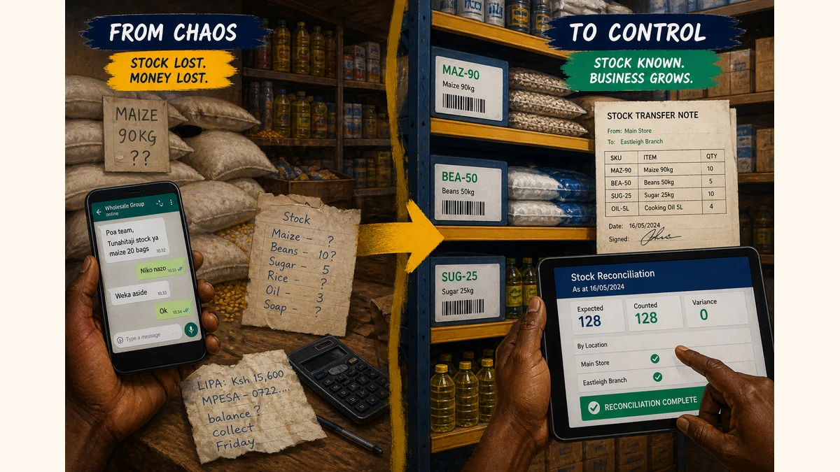 Editorial illustration contrasting informal WhatsApp stock habits with orderly SKUs, transfer notes and reconciliation screens.