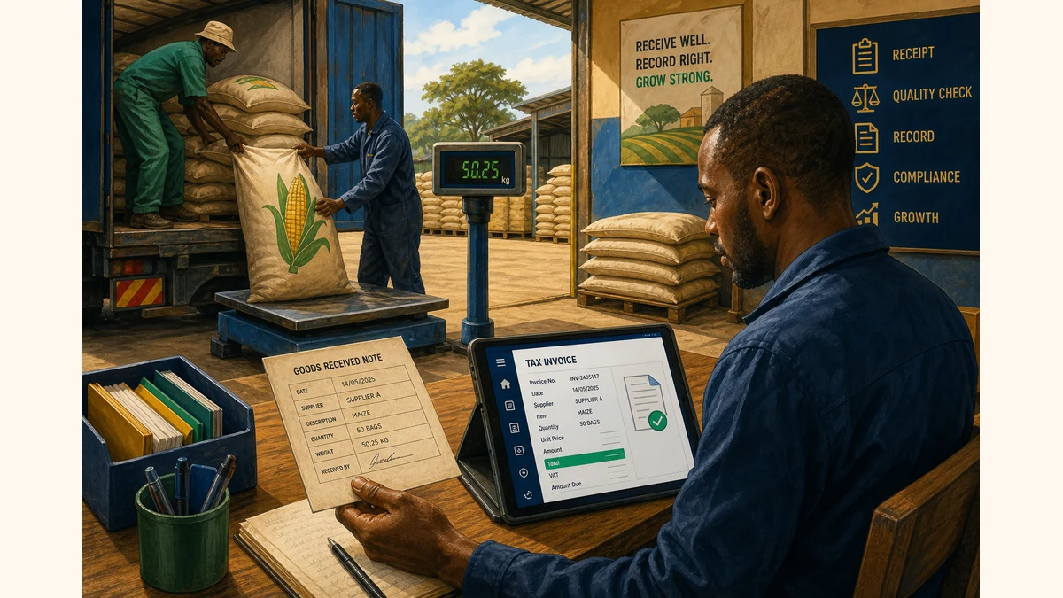 Editorial illustration of maize sacks being weighed at a warehouse bay beside a goods-received note and electronic invoice tablet.