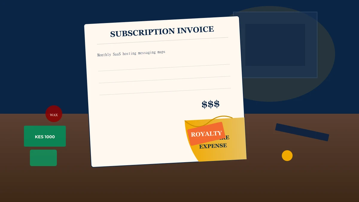 Macro editorial still-life of a subscription invoice on a teak desk: a gold SOFTWARE EXPENSE sticker peels back to reveal ROYALTY stamped underneath