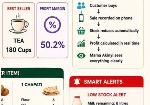 How ClariFi records sales updates stock and calculates profit for Mama Akinyi Chai Point