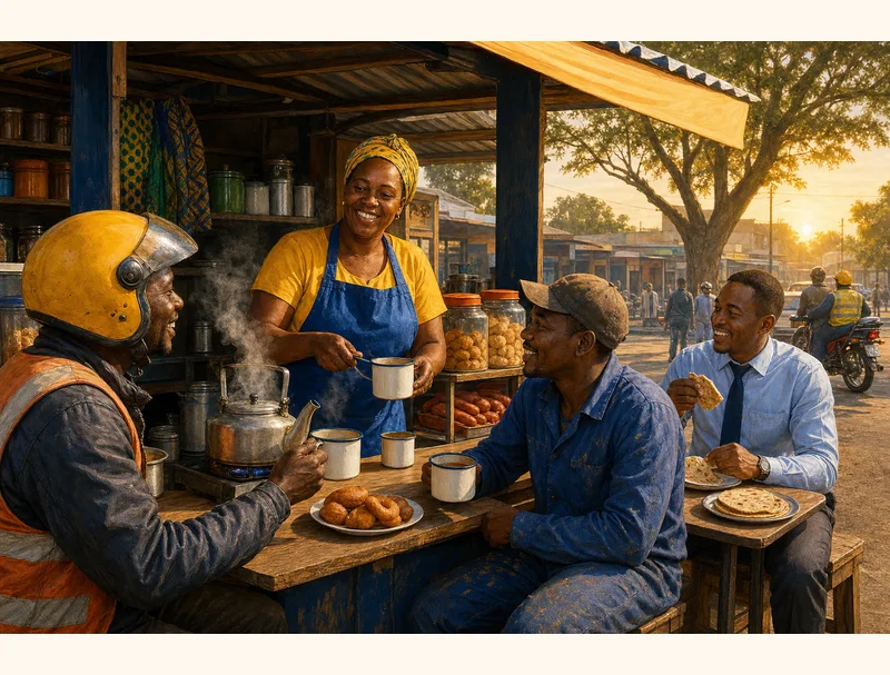 Mama Akinyi's morning at the chai kiosk — sales mix and daily numbers