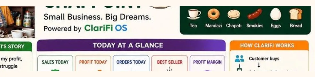 ClariFi dashboard showing Mama Akinyi daily sales profit customers and best-selling tea