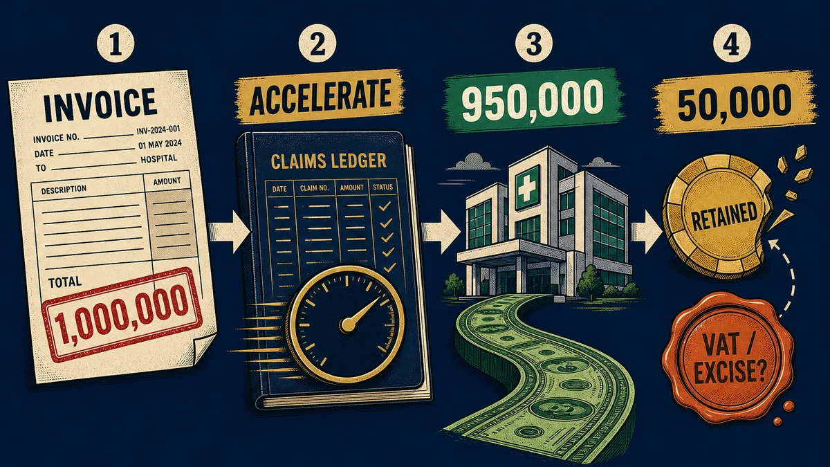 Four-station illustration: hospital invoice, accelerated claims ledger, emerald settlement to the hospital, and a gold retained chip stamped VAT / excise