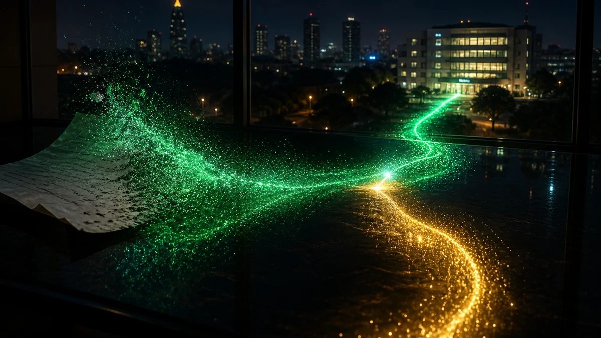 A hospital invoice dissolving into an emerald payment river that forks: net settlement continuing forward, a gold retained stream peeling off, and an orange marker at the split