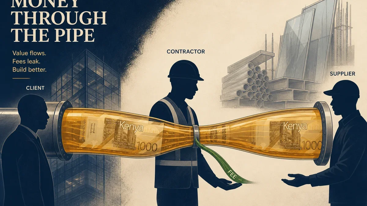 Conceptual illustration of money flowing from client through contractor to supplier, with the contractor holding only a small fee portion
