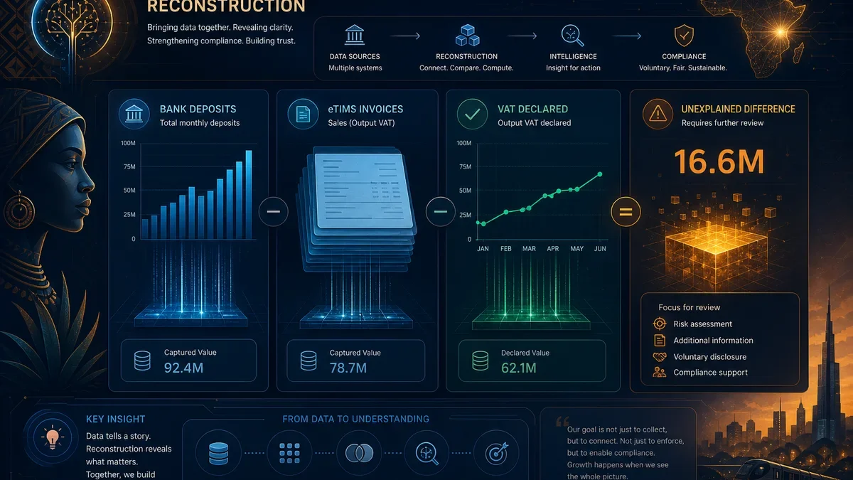 Abstract financial dashboard metaphor showing bank deposits, eTIMS invoices, and VAT declared with unexplained differences