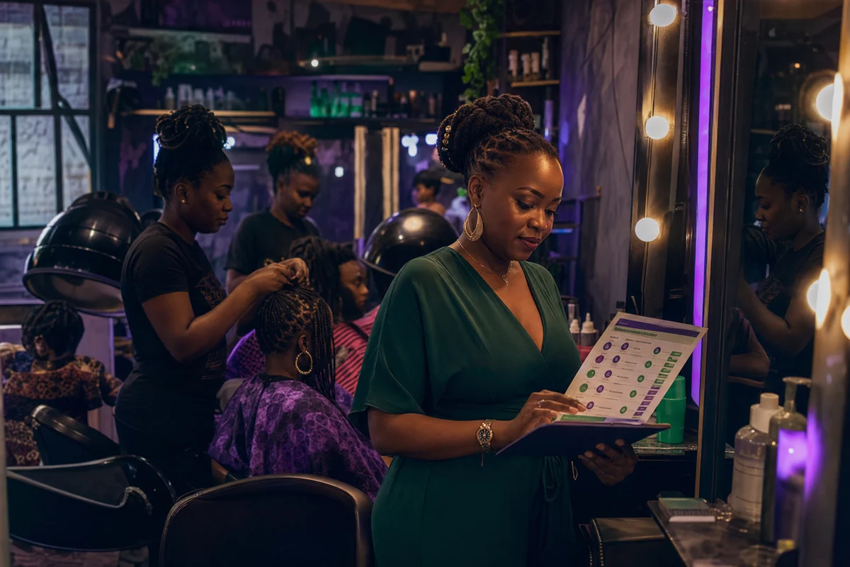 Salon owner Neema reviewing OKR objectives at Neema Glow Salon and Spa in Umoja Estate on a busy Saturday morning