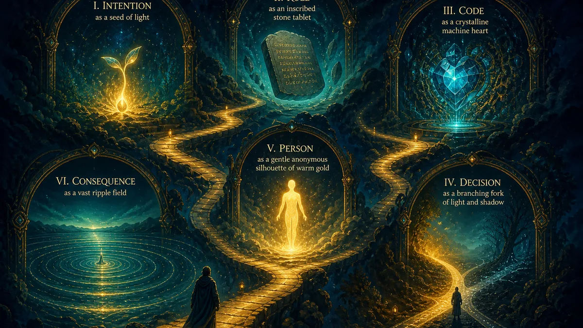 Six luminous fantasy chambers for Intention, Rule, Code, Decision, Person, and Consequence connected by a winding path of light.