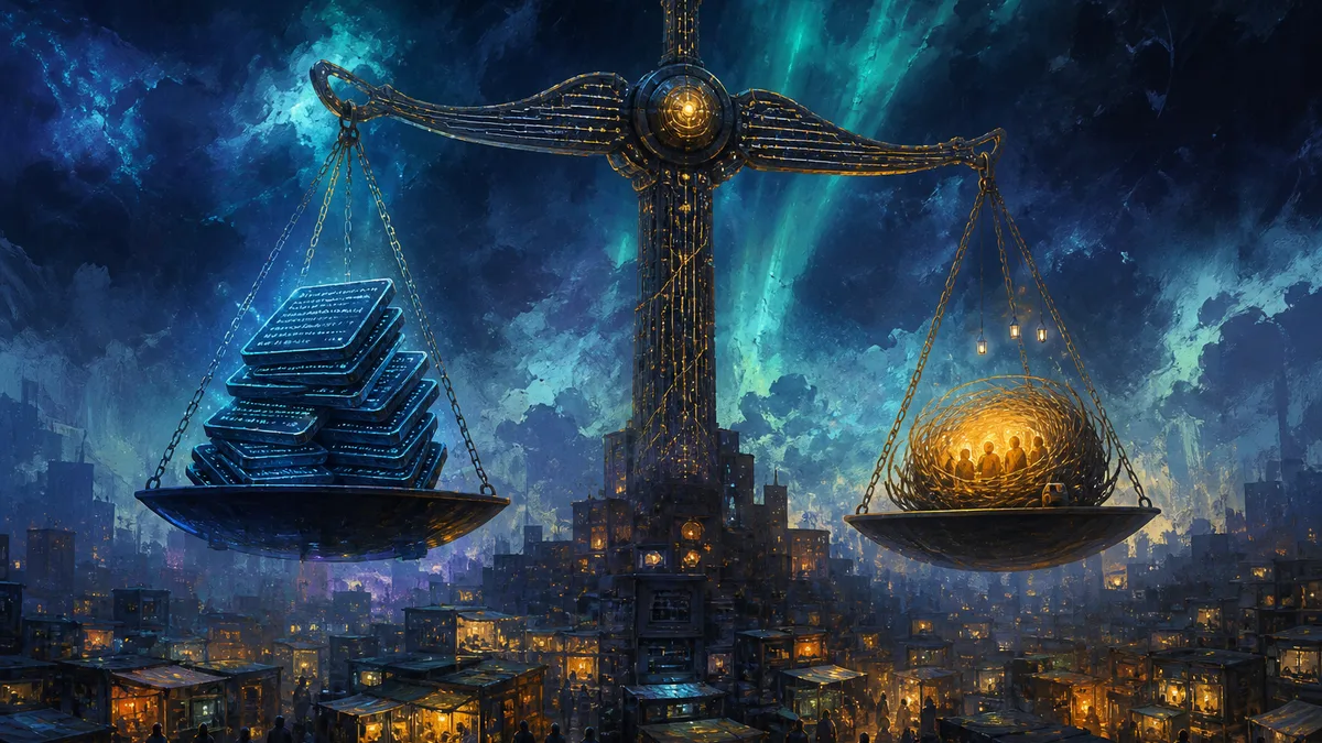 A surreal balance scale weighs glowing code tablets against a nest of livelihood light above a city of small shops.