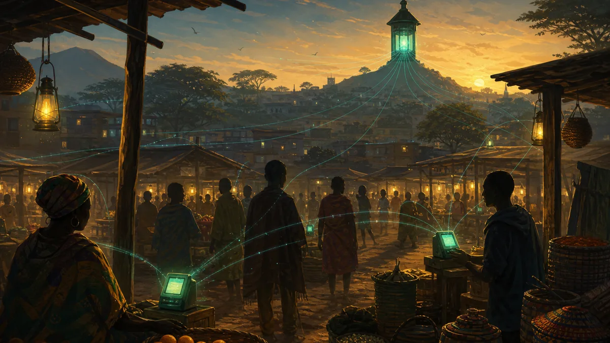 An imaginative East African market dawn with teal data threads linking glowing tills to a distant advisory lantern.