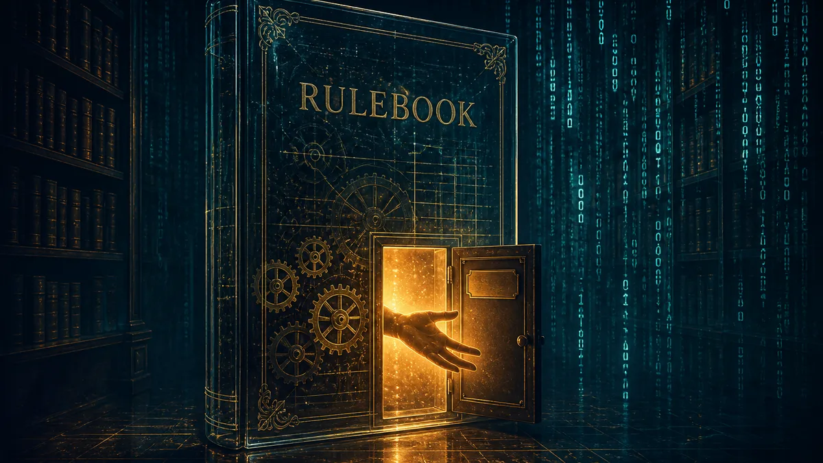 A glass rulebook in a dark library reveals gears and algorithms, with a warm hand of light reaching toward a human-review door.