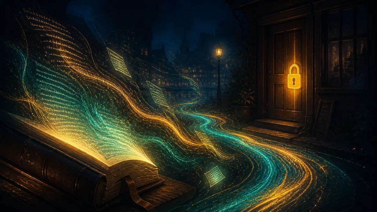 A company policy book releases filaments of light that become a river flowing toward a locked shop door at night.