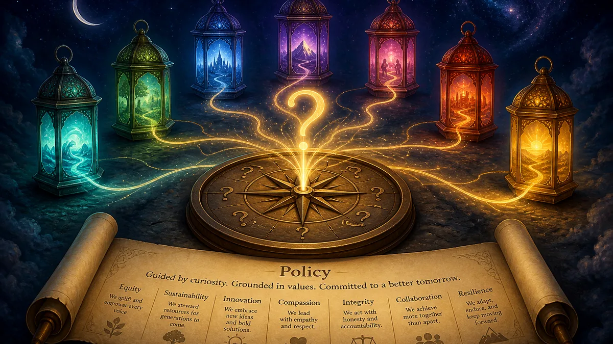 Ten glowing lanterns arc around a bronze compass of questions as a policy scroll unfurls beneath paths of light.