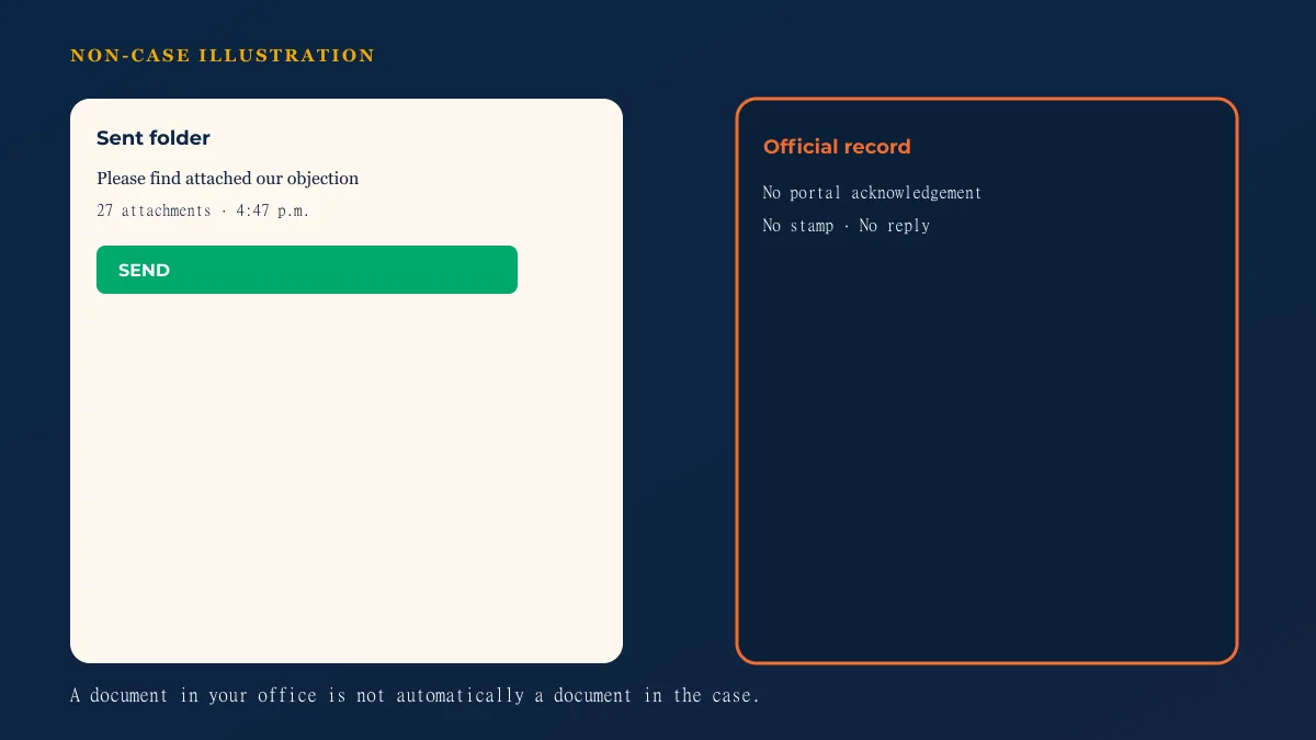 Non-case illustration of an email with twenty-seven attachments in a Sent folder, disconnected from an official acknowledgement