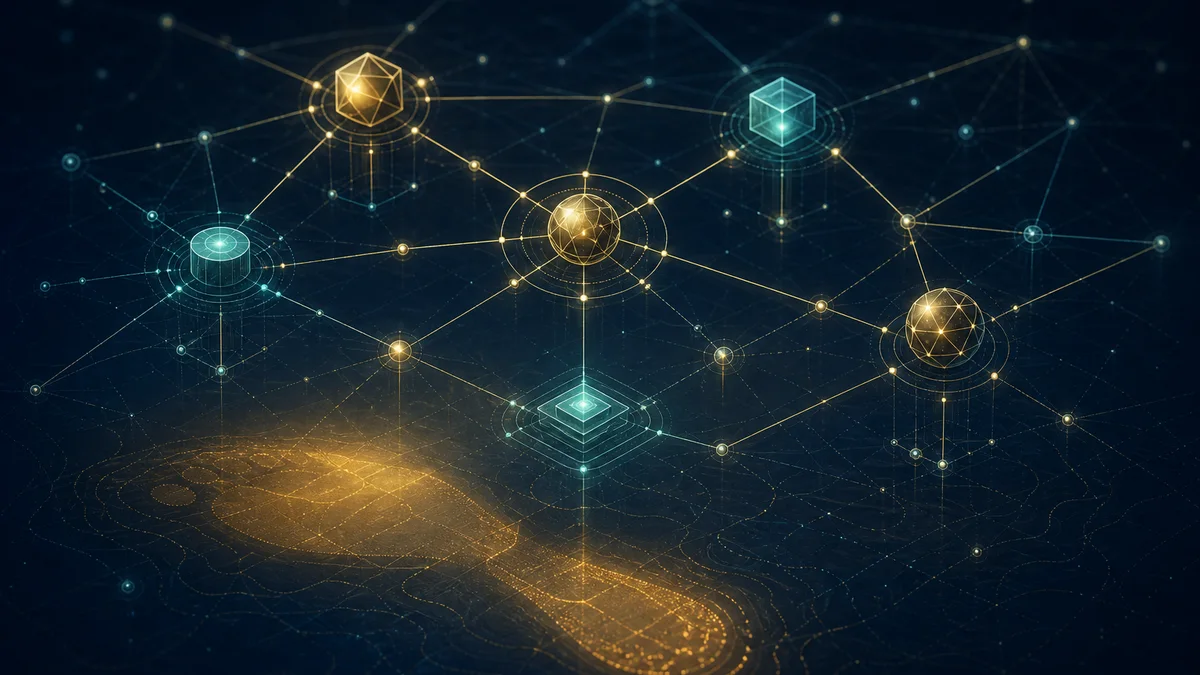 Abstract visualisation of platform control nodes — pricing, matching, payment and fulfilment — leaving a tax footprint across a commercial architecture