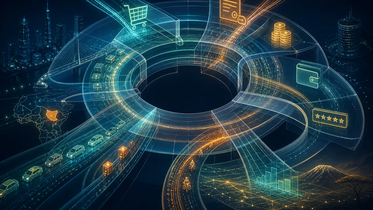 Transparent digital interchange showing customers, transporters, payments, invoices and data flowing through a platform centre labelled intermediary or principal
