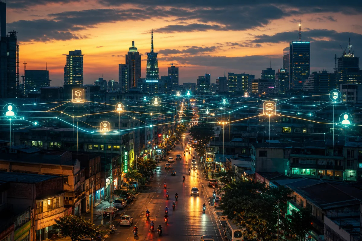 Conceptual Nairobi dusk transaction network: delivery routes and luminous digital payment lines converging into a floating platform layer above the city