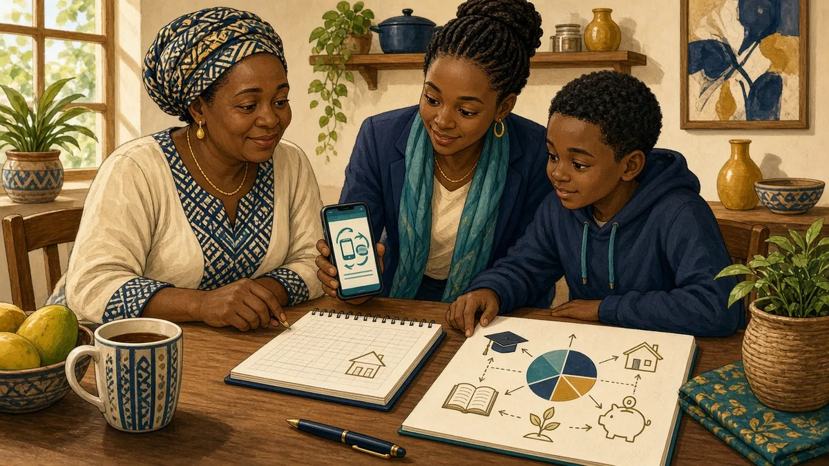 Editorial caricature of a Kenyan family reviewing a notebook, phone transfers and a household budget toolkit sheet together at a kitchen table.