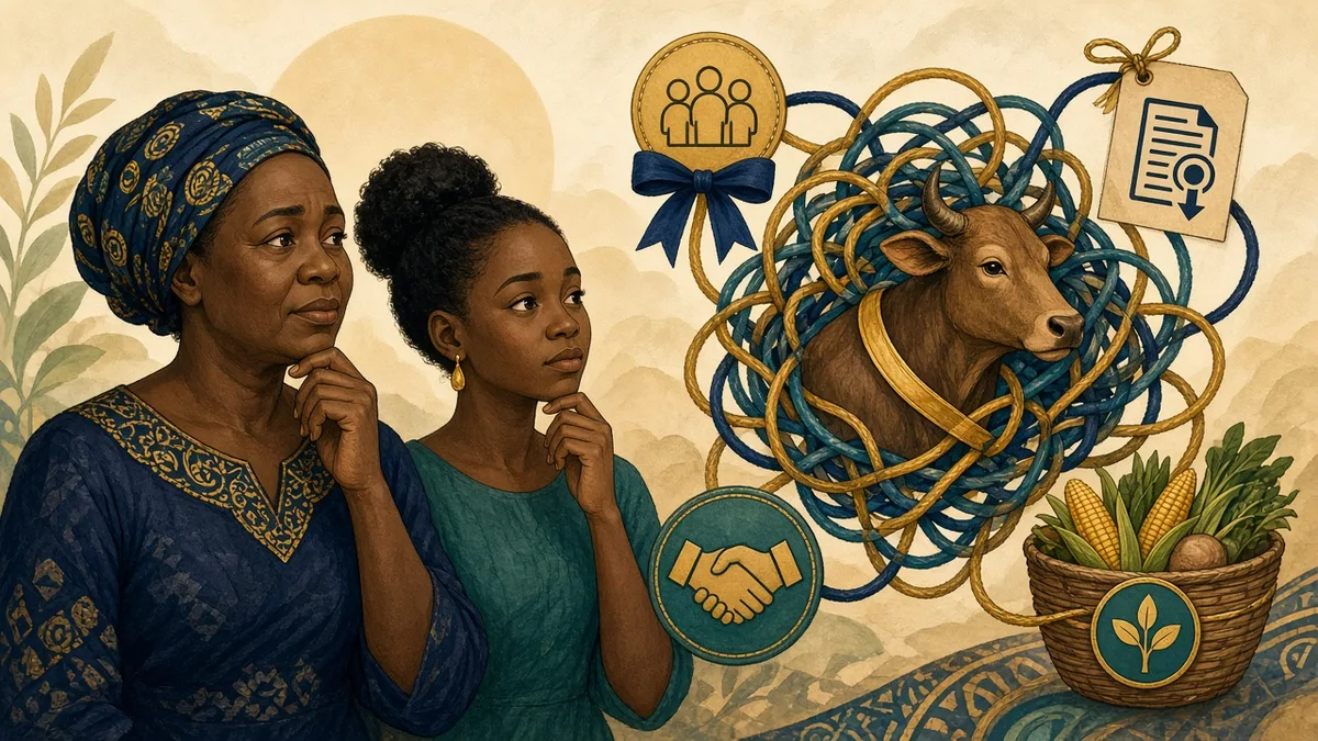 Editorial caricature of a cow surrounded by tangled gift, loan, shared investment and livelihood meanings while mother and daughter look on thoughtfully.