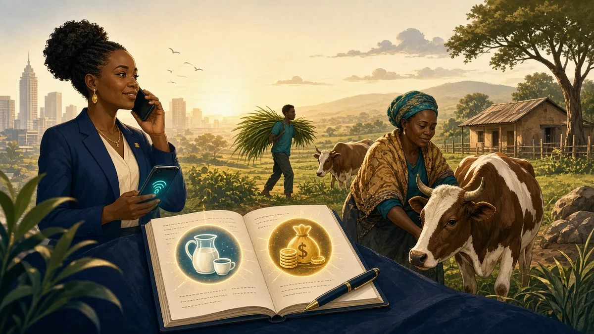 Editorial caricature of a Nairobi daughter on a phone transfer, a mother with dairy cows at home, and a brother helping with fodder around a shared family ledger.