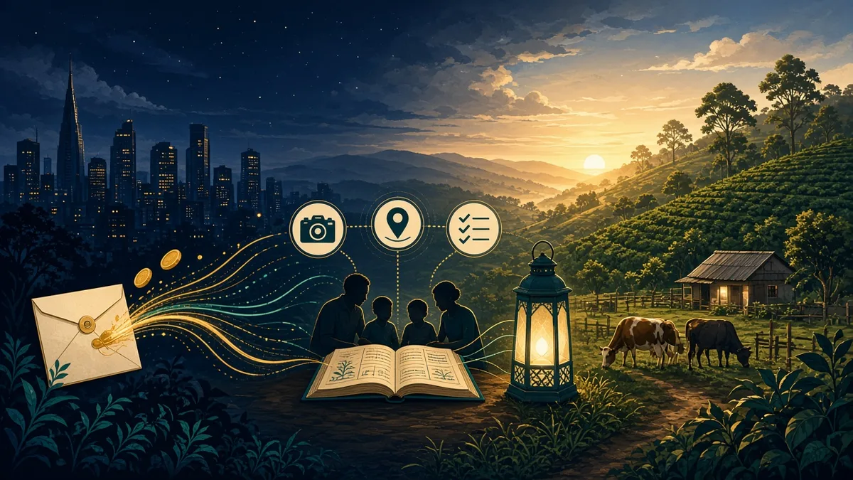 Editorial illustration connecting a Nairobi salary, rural dairy homestead and shared family records across golden threads of money and care.