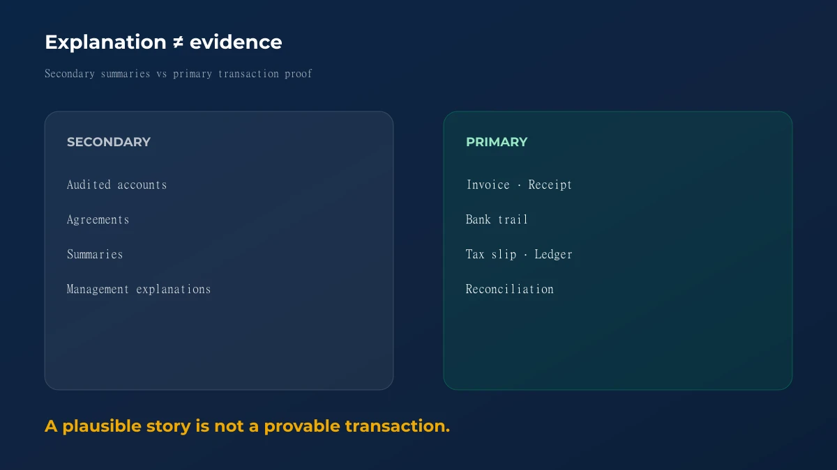 Contrast of secondary summaries against primary invoices, bank trails and reconciliations