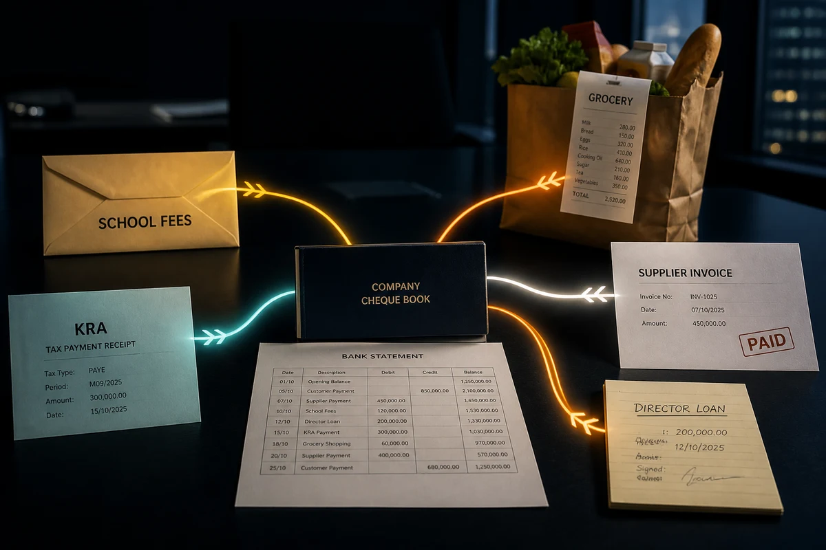 Company bank book branching into school fees, groceries, tax receipts, supplier invoices and a director loan — same account, different tax identities