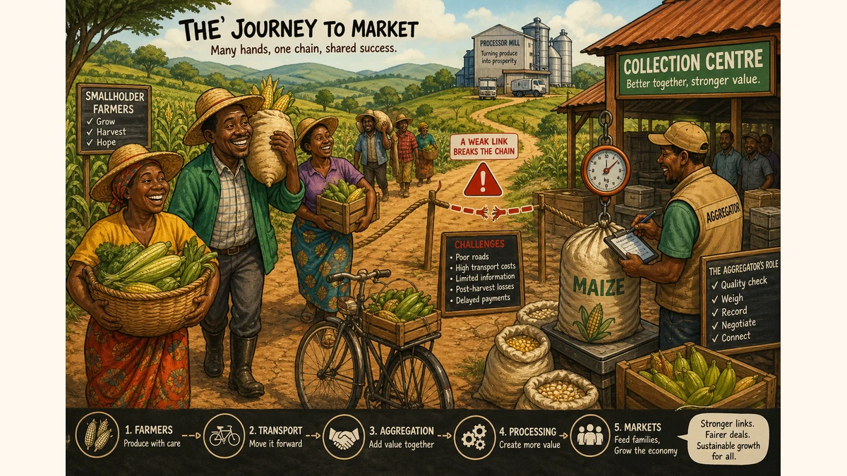 Illustration of smallholder farmers, a collection point and a processor with a broken evidence link in the aggregation chain.