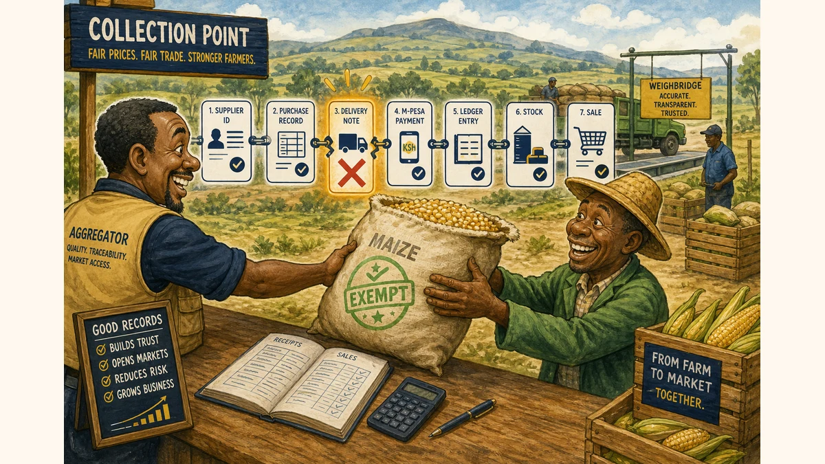 Editorial diagram of seven purchase-evidence checkpoints from supplier to sale, with delivery record missing.