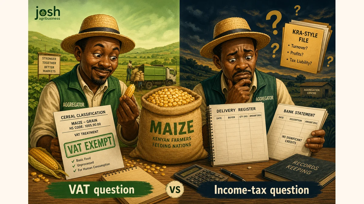 Split illustration contrasting VAT classification for exempt maize against income-tax substantiation and missing purchase records.